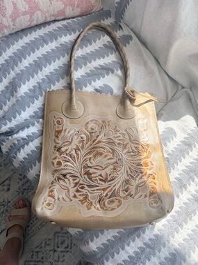 Patricia Nash Tan Hand-Tooled Floral Leather Tote